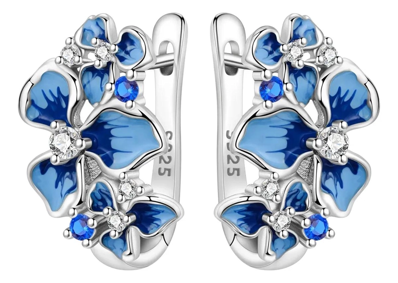 AROS COLGANTES DE PLATA 925 CON DISEÑO DE FLOR DE IRIS AZUL PARA MUJER - 1