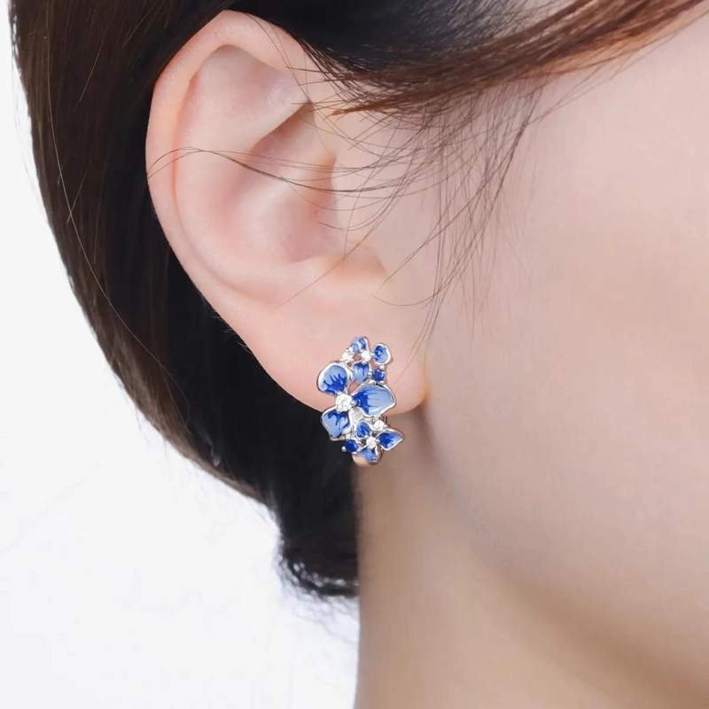 AROS COLGANTES DE PLATA 925 CON DISEÑO DE FLOR DE IRIS AZUL PARA MUJER - 2