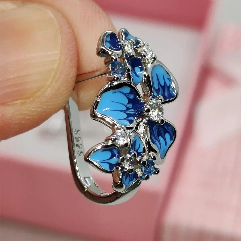 AROS COLGANTES DE PLATA 925 CON DISEÑO DE FLOR DE IRIS AZUL PARA MUJER - 3