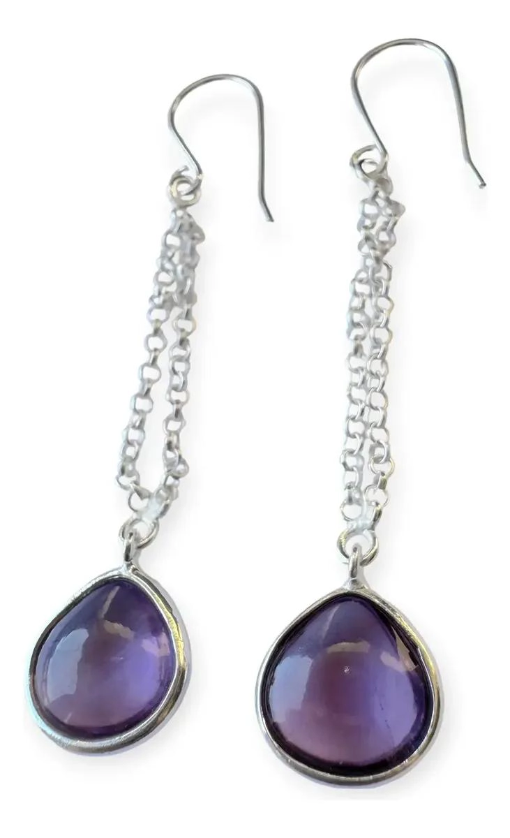 AROS CON COLGANTE EN FORMA DE GOTA CON AMATISTA Y GANCHO DE PLATA FINA 925 - 2