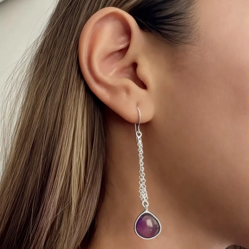 AROS CON COLGANTE EN FORMA DE GOTA CON AMATISTA Y GANCHO DE PLATA FINA 925 - 3