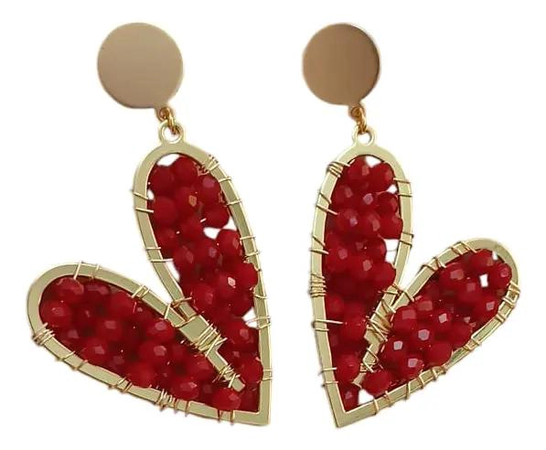 AROS LARGOS CON DISEÑO DE CORAZON Y PIEDRAS ROJAS EN BAÑO DE ORO 18K - 2