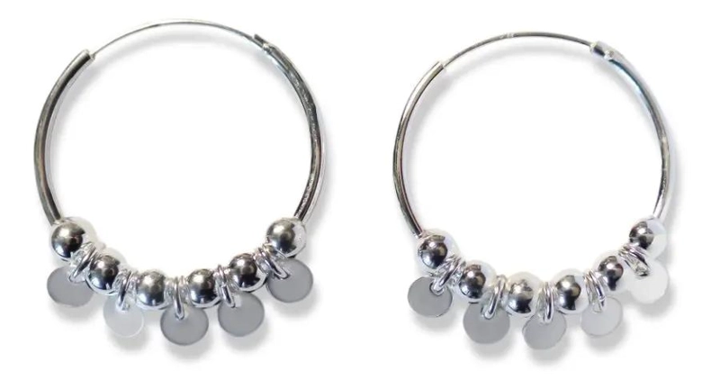 AROS ARGOLLA DE 25 MM CON DISEÑO DE BOLITAS Y DISCOS EN PLATA FINA 925 - 1