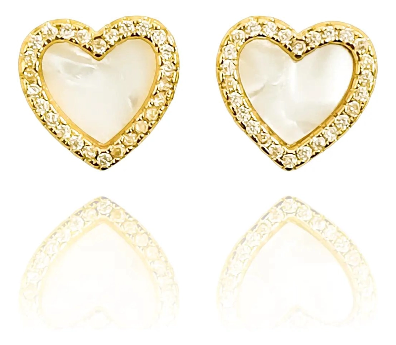 AROS CON DISEÑO DE CORAZON EN NACAR Y BORDE DE CIRCON ENCHAPADO EN ORO 18K - 1