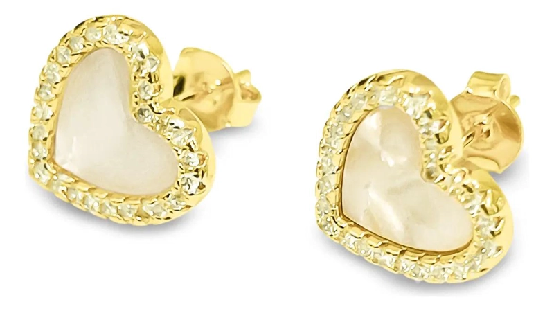AROS CON DISEÑO DE CORAZON EN NACAR Y BORDE DE CIRCON ENCHAPADO EN ORO 18K - 2
