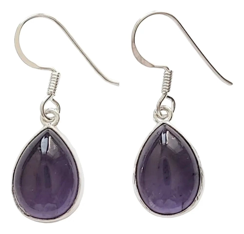 AROS DE PLATA FINA 925 CON AMATISTA EN FORMA DE GOTA Y GANCHO - 1
