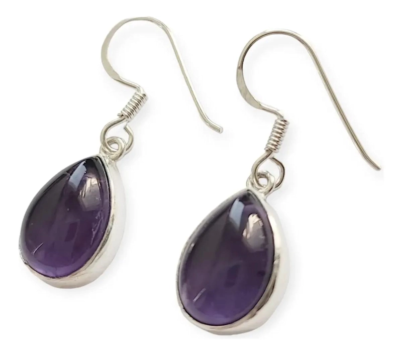 AROS DE PLATA FINA 925 CON AMATISTA EN FORMA DE GOTA Y GANCHO - 2