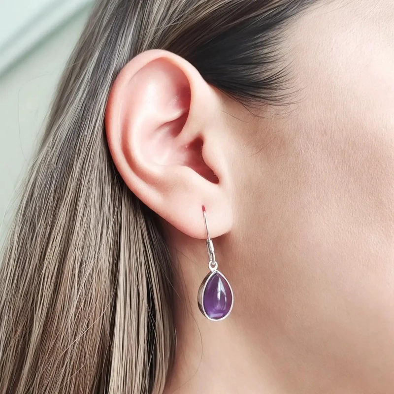 AROS DE PLATA FINA 925 CON AMATISTA EN FORMA DE GOTA Y GANCHO - 3