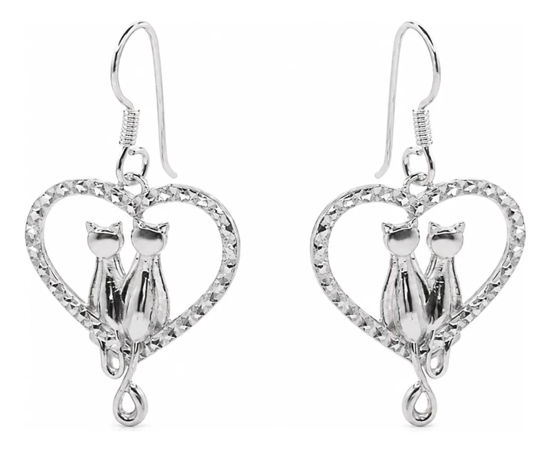 AROS COLGANTES DE PLATA FINA 925 CON DISEÑO DE PAREJA DE GATOS PARA MUJER - 1