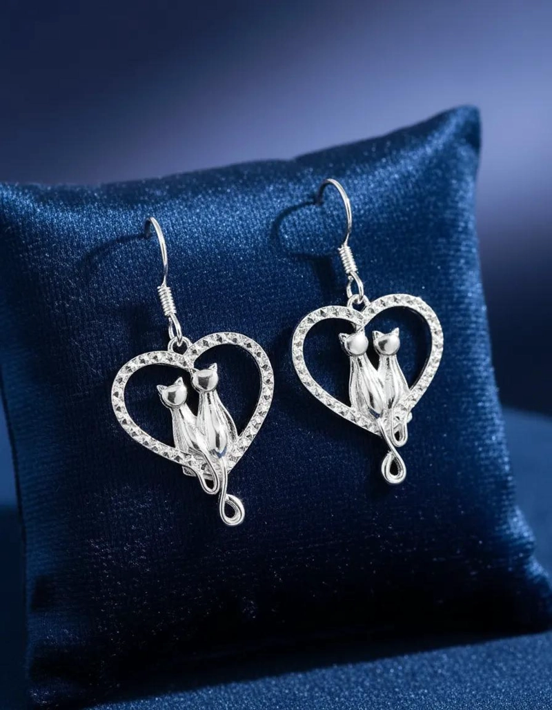 AROS COLGANTES DE PLATA FINA 925 CON DISEÑO DE PAREJA DE GATOS PARA MUJER - 2