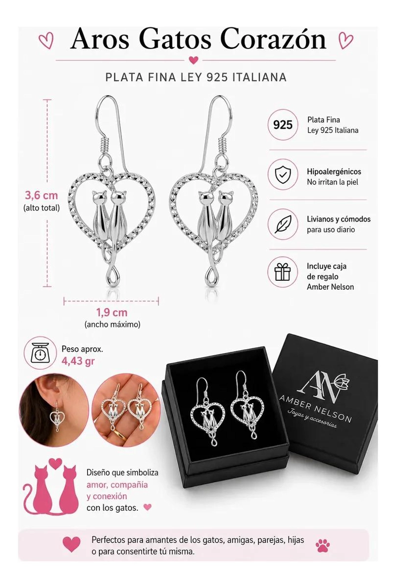 AROS COLGANTES DE PLATA FINA 925 CON DISEÑO DE PAREJA DE GATOS PARA MUJER - 3