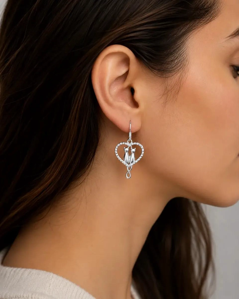 AROS COLGANTES DE PLATA FINA 925 CON DISEÑO DE PAREJA DE GATOS PARA MUJER - 4