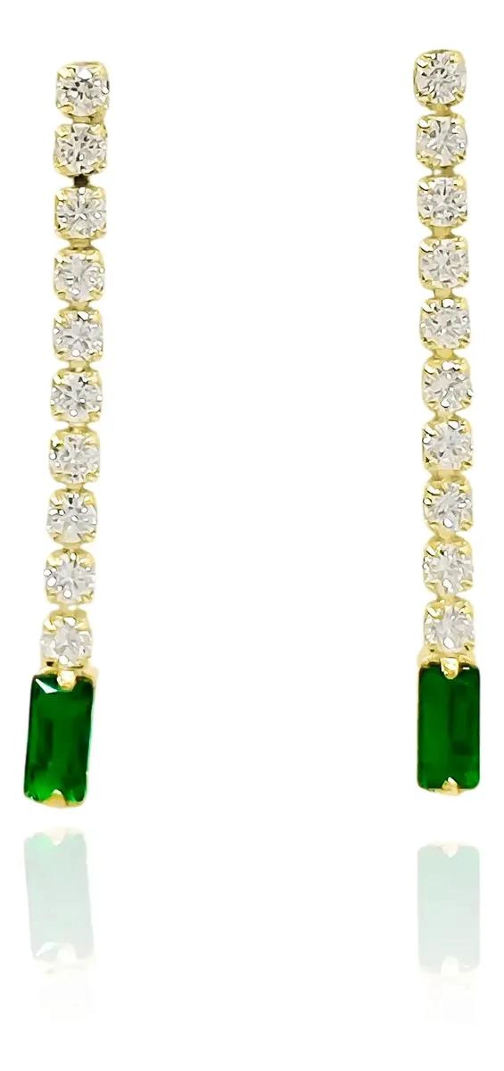 AROS LARGOS RECTANGULO CON CIRCONES BLANCOS Y VERDES ENCHAPADOS EN ORO 18K - 1