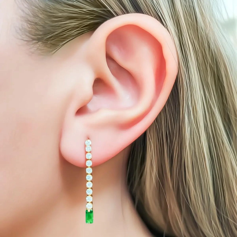 AROS LARGOS RECTANGULO CON CIRCONES BLANCOS Y VERDES ENCHAPADOS EN ORO 18K - 3