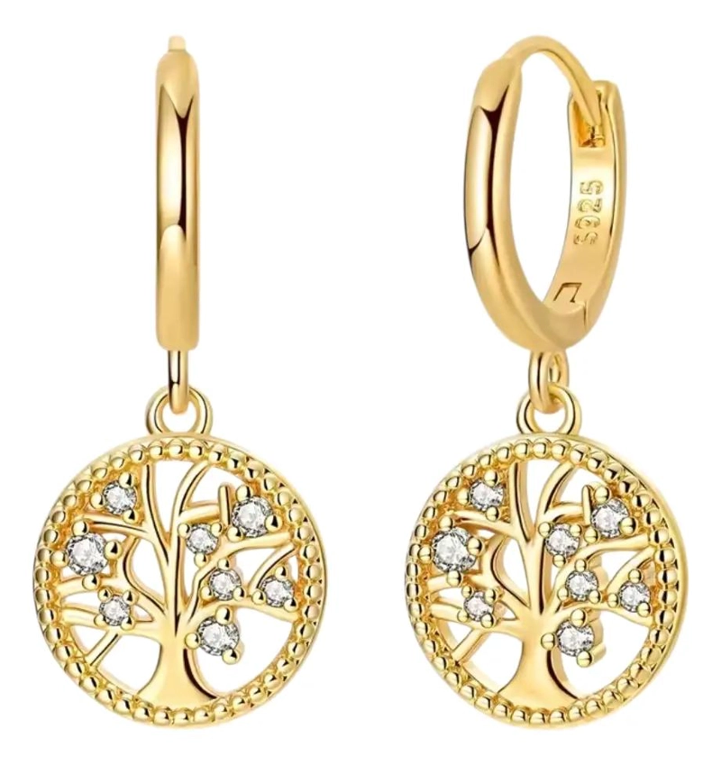 AROS CON DISEÑO DE ARBOL DE LA VIDA EN PLATA LEY 925 BAÑADOS EN ORO - 1