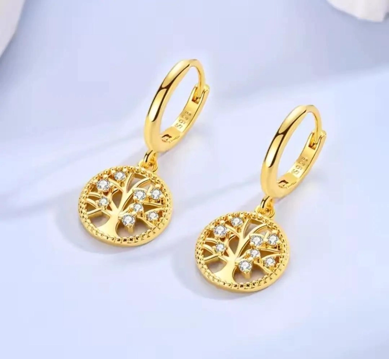 AROS CON DISEÑO DE ARBOL DE LA VIDA EN PLATA LEY 925 BAÑADOS EN ORO - 2