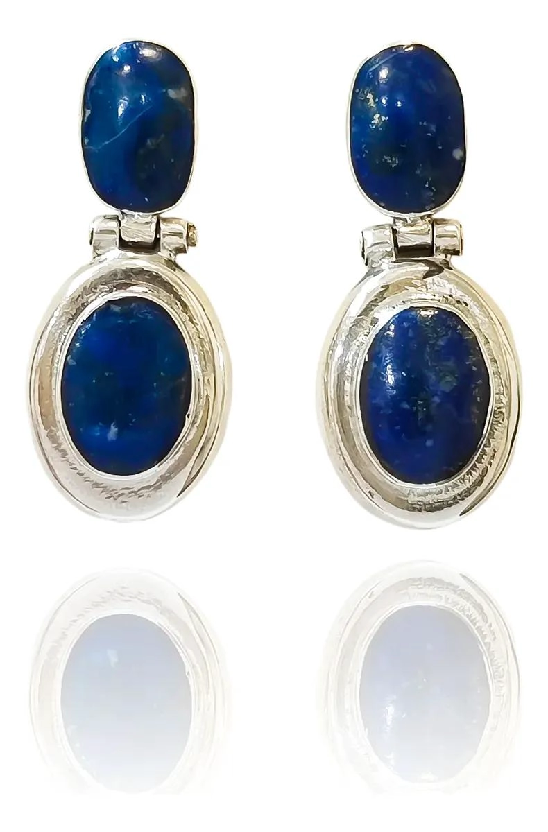 AROS OVALADOS CON LAPISLAZULI Y BISAGRA EN PLATA FINA 950 - 1