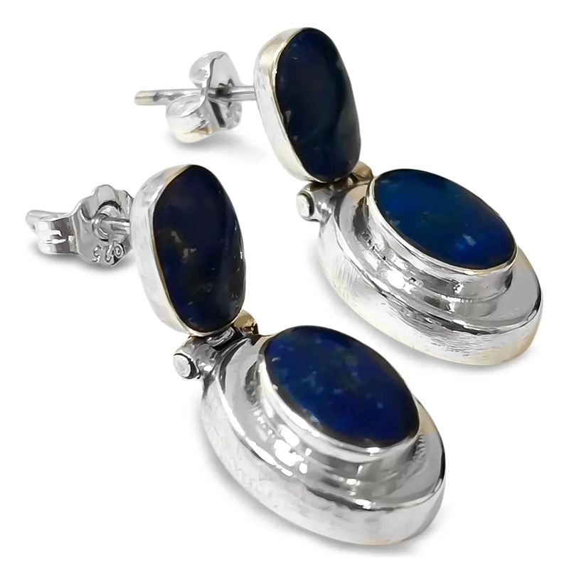 AROS OVALADOS CON LAPISLAZULI Y BISAGRA EN PLATA FINA 950 - 2