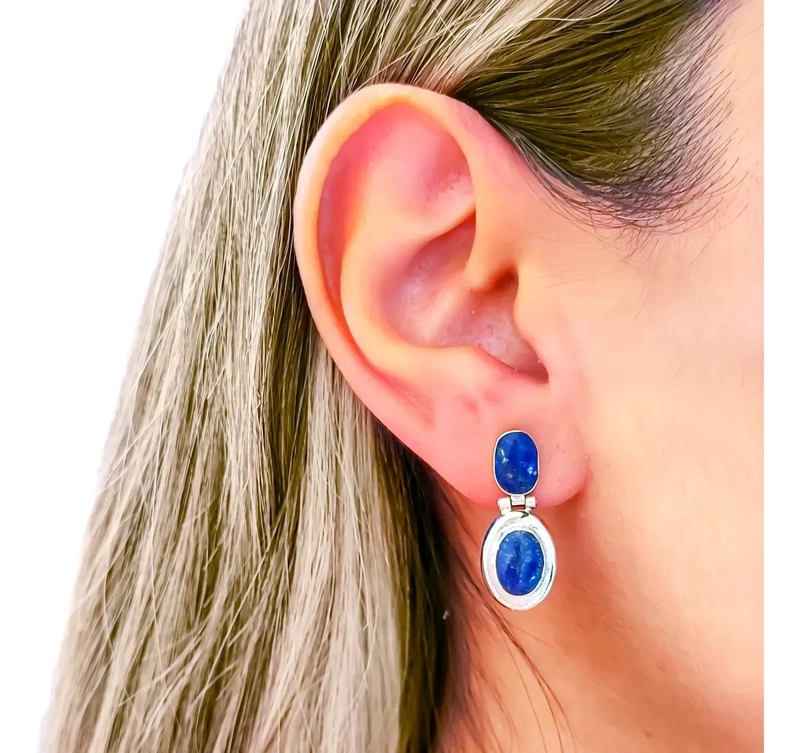AROS OVALADOS CON LAPISLAZULI Y BISAGRA EN PLATA FINA 950 - 3