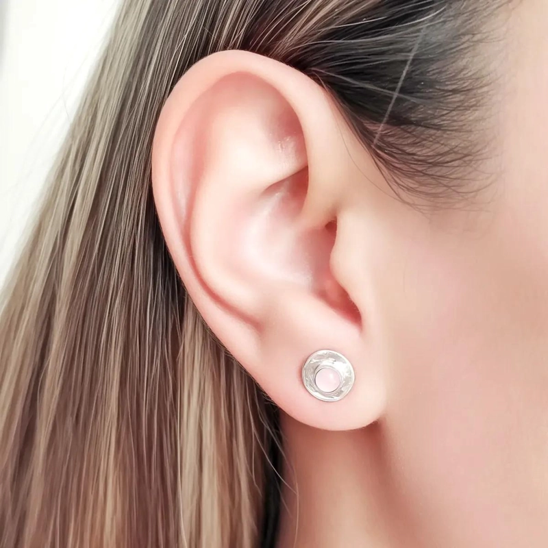 AROS REDONDOS CON CUARZO ROSA EN PLATA FINA 925 DE ALTA CALIDAD - 4