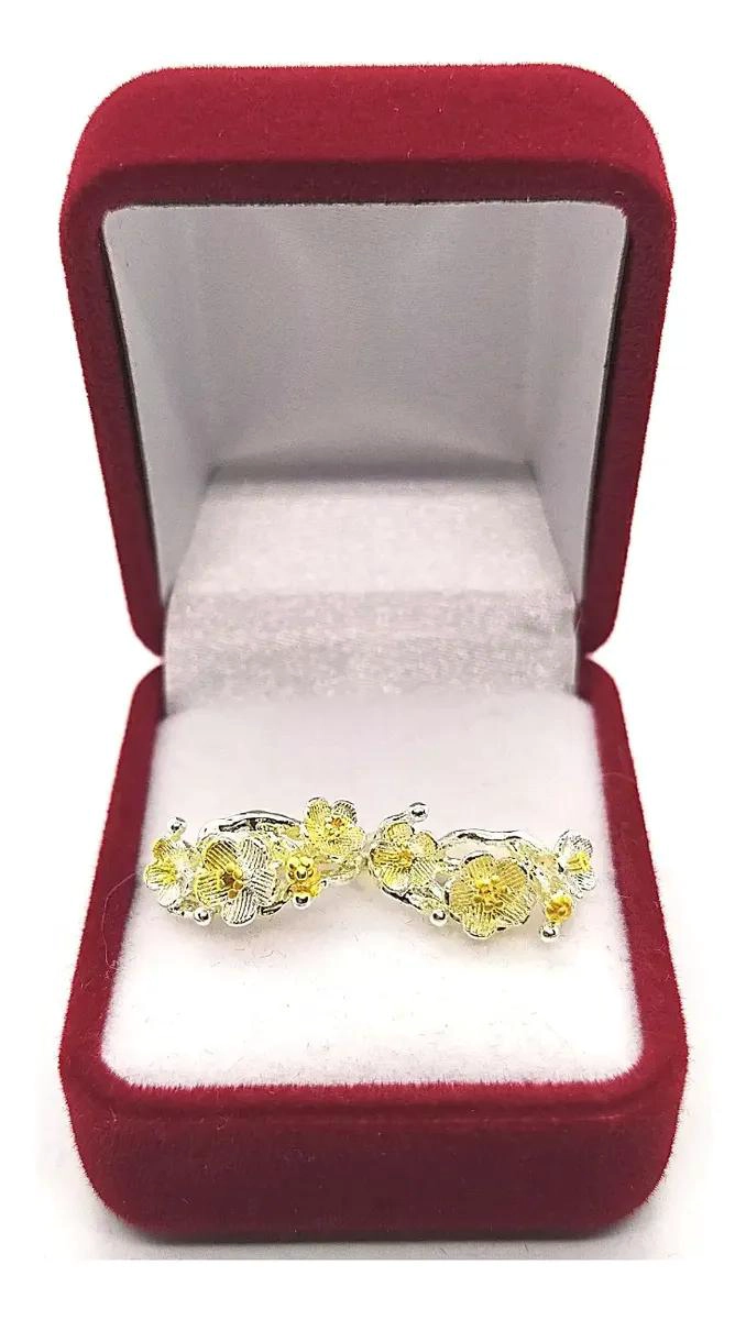 AROS BAÑADOS EN PLATA CON DISEÑO DE FLORES DE CEREZO DELICADAS - 1