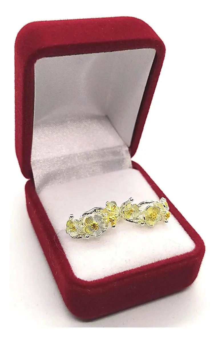 AROS BAÑADOS EN PLATA CON DISEÑO DE FLORES DE CEREZO DELICADAS - 2