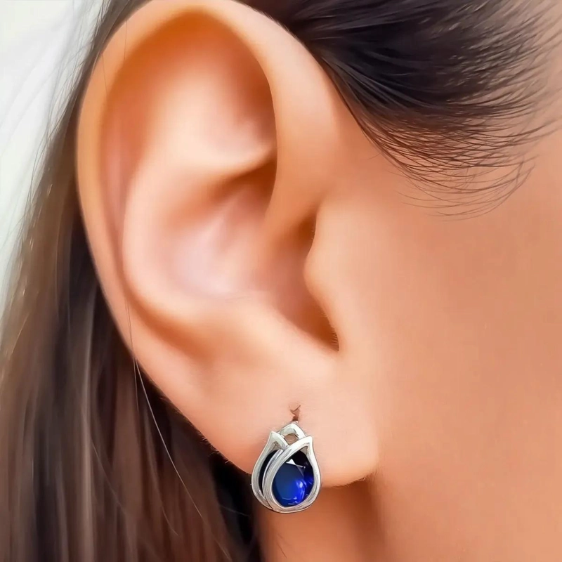 AROS ELEGANTES CON DISEÑO DE TULIPAN Y CIRCON AZUL EN PLATA FINA 925 - 3