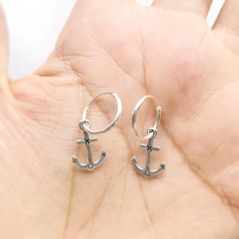 AROS ARGOLLA CON COLGANTE DE ANCLA EN PLATA FINA 925 - 3