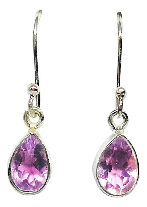 AROS DE PLATA FINA 925 CON AMATISTA EN FORMA DE GOTA Y GANCHO - 1