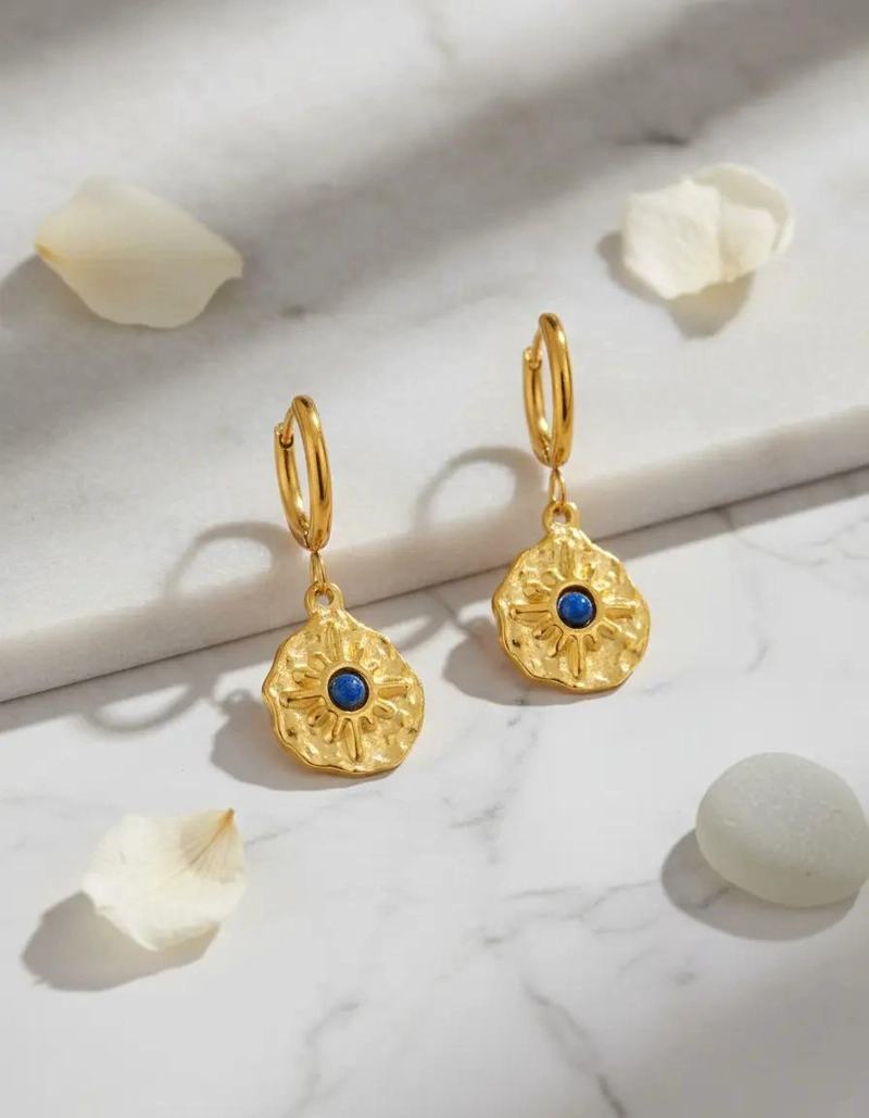 AROS COLGANTES CON PIEDRA AZUL ESTILO BOHO EN ACERO INOXIDABLE - 2