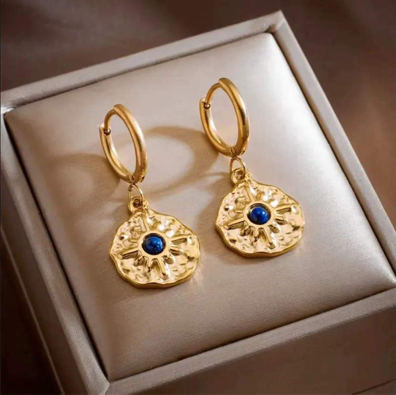 AROS COLGANTES CON PIEDRA AZUL ESTILO BOHO EN ACERO INOXIDABLE - 3
