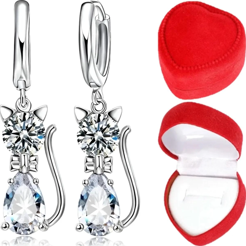 PENDIENTES DE ARO PARA MUJER EN PLATA 925 CON DISEÑO DE GATO Y CRISTAL DE CIRCON - 1