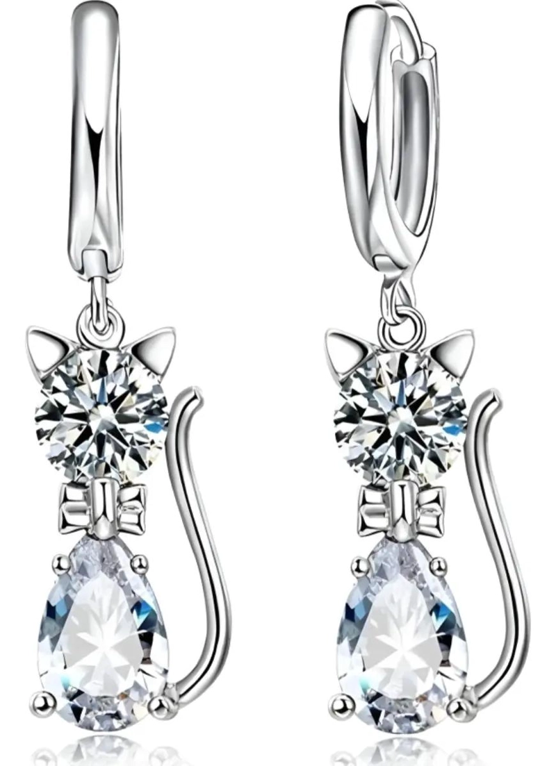 PENDIENTES DE ARO PARA MUJER EN PLATA 925 CON DISEÑO DE GATO Y CRISTAL DE CIRCON - 2