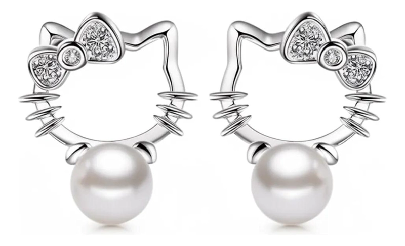 AROS DE PLATA LEY 925 CON DISEÑO DE GATITOS PARA MUJER - 1