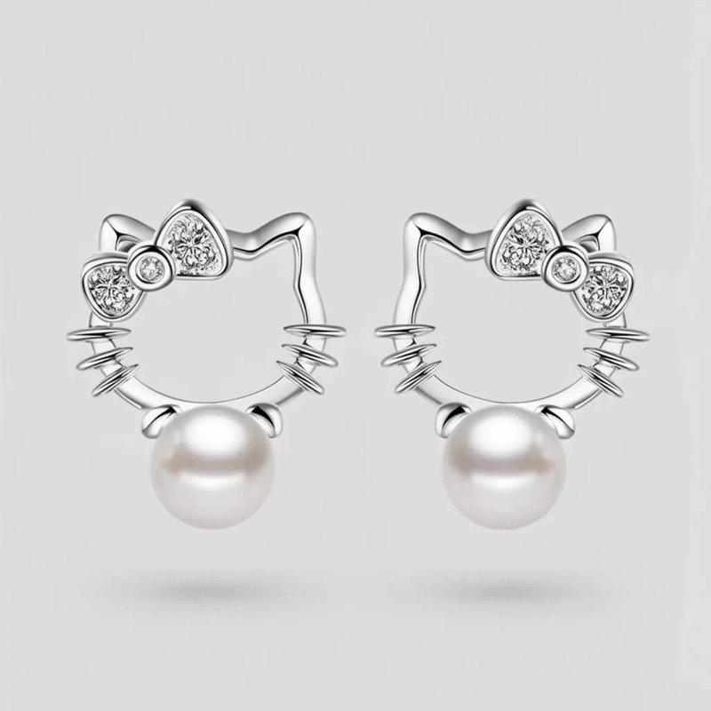 AROS DE PLATA LEY 925 CON DISEÑO DE GATITOS PARA MUJER - 2