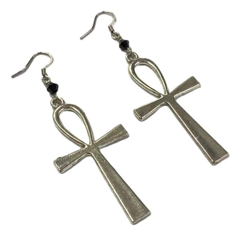 AROS CRUZ ANKH PLATEADA CON CRISTAL NEGRO POR PAR ELEGANTES - 1