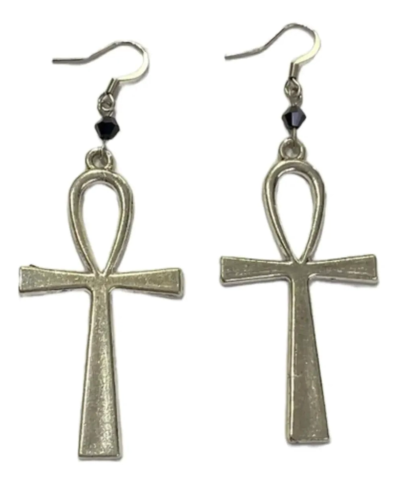 AROS CRUZ ANKH PLATEADA CON CRISTAL NEGRO POR PAR ELEGANTES - 2