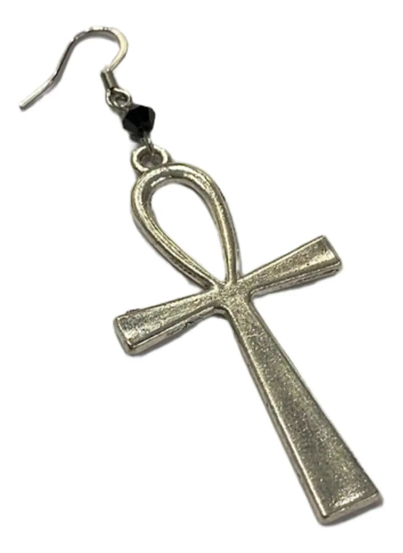 AROS CRUZ ANKH PLATEADA CON CRISTAL NEGRO POR PAR ELEGANTES - 3
