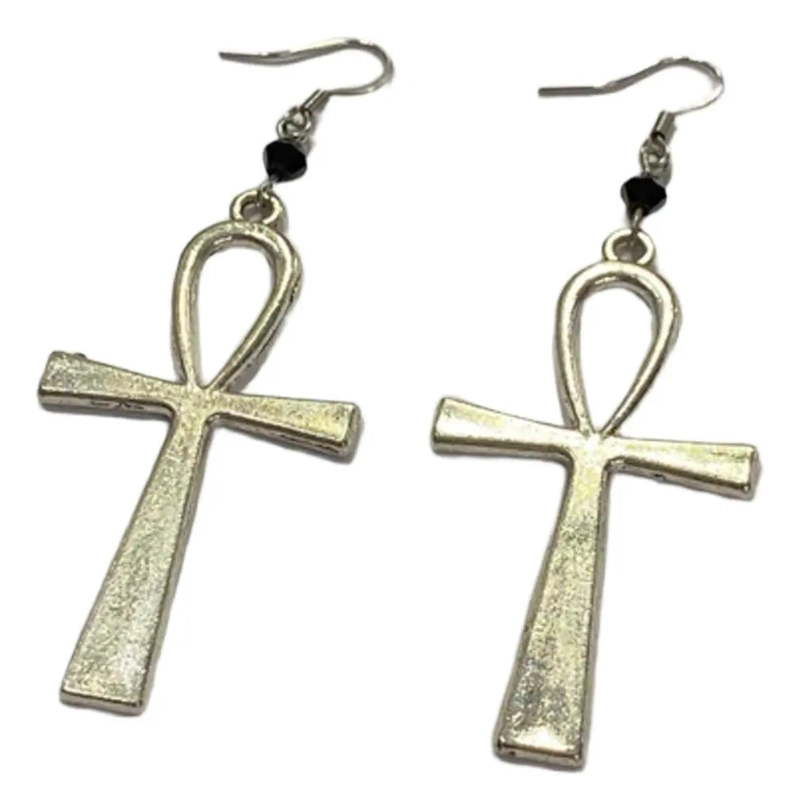 AROS CRUZ ANKH PLATEADA CON CRISTAL NEGRO POR PAR ELEGANTES - 4