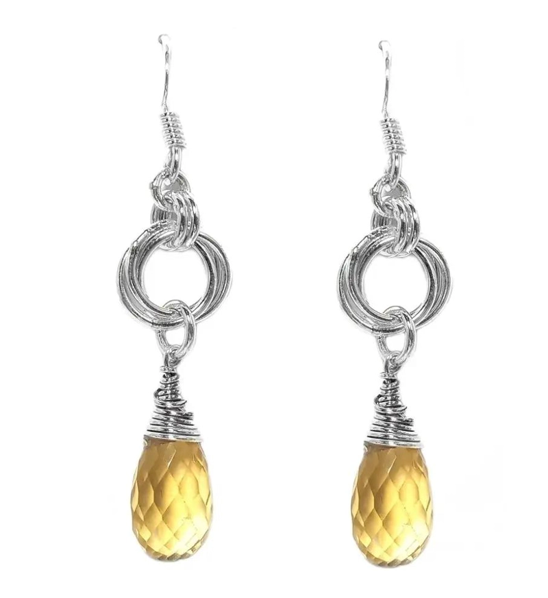 AROS EN FORMA DE GOTA CON PIEDRA NATURAL DE TOPACIO AMARILLO Y PLATA FINA 925 - 1