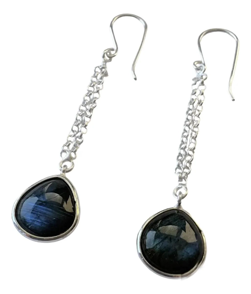 AROS CON COLGANTE DE GOTA Y PIEDRA LABRADORITA EN PLATA FINA 925 - 2