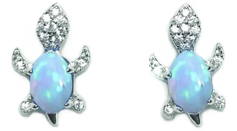 AROS CON DISEÑO DE TORTUGA Y OPALO RECONSTITUIDO EN PLATA FINA 925 - 1