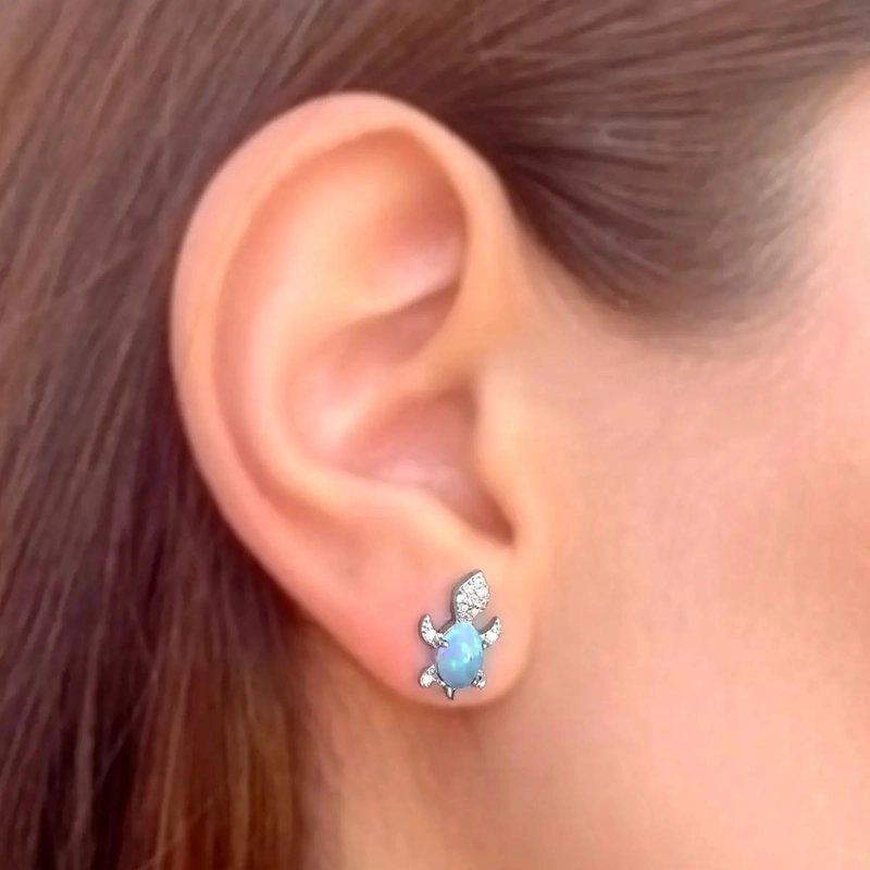 AROS CON DISEÑO DE TORTUGA Y OPALO RECONSTITUIDO EN PLATA FINA 925 - 2