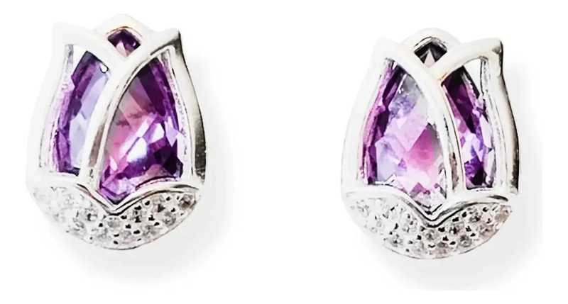 AROS DE PLATA FINA 925 CON CIRCONES MORADOS FACETADOS EN FORMA DE TULIPAN - 1