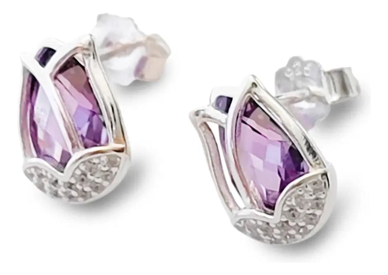 AROS DE PLATA FINA 925 CON CIRCONES MORADOS FACETADOS EN FORMA DE TULIPAN - 2