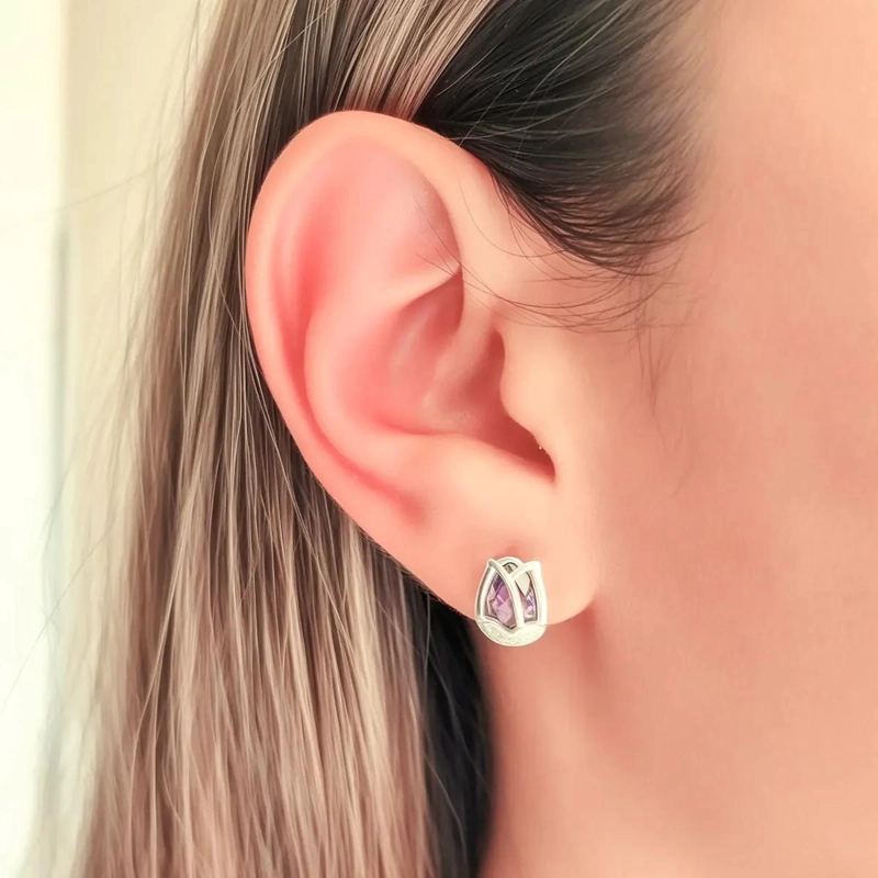 AROS DE PLATA FINA 925 CON CIRCONES MORADOS FACETADOS EN FORMA DE TULIPAN - 3