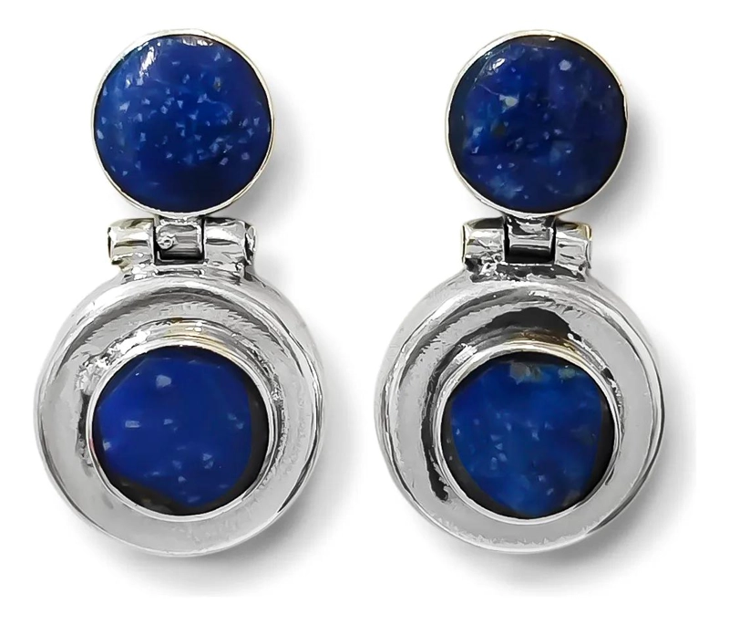 AROS REDONDOS CON LAPISLAZULI Y TOPE DE BISAGRA EN PLATA FINA 950 - 1
