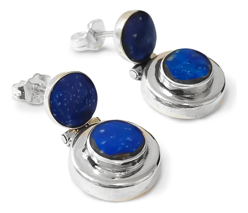 AROS REDONDOS CON LAPISLAZULI Y TOPE DE BISAGRA EN PLATA FINA 950 - 2