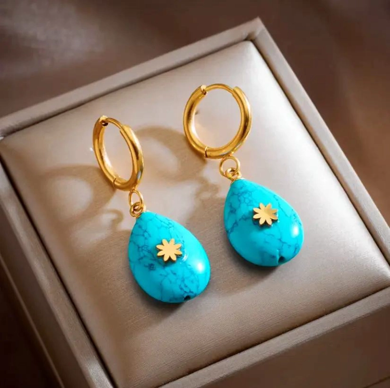 AROS COLGANTES CON PIEDRA TURQUESA ESTILO BOHO EN ACERO INOXIDABLE - 2