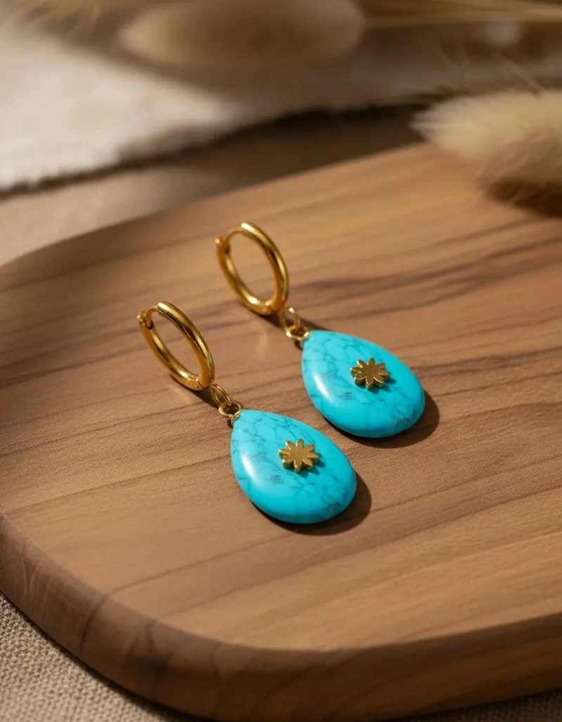 AROS COLGANTES CON PIEDRA TURQUESA ESTILO BOHO EN ACERO INOXIDABLE - 3